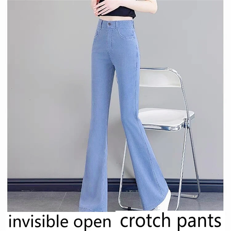 Invisible Zipper Open-crotch Pants High-waisted Denim Women's Summer Thin Elastic Slim-fitting and Thin 2026 New Micro-pull Nine