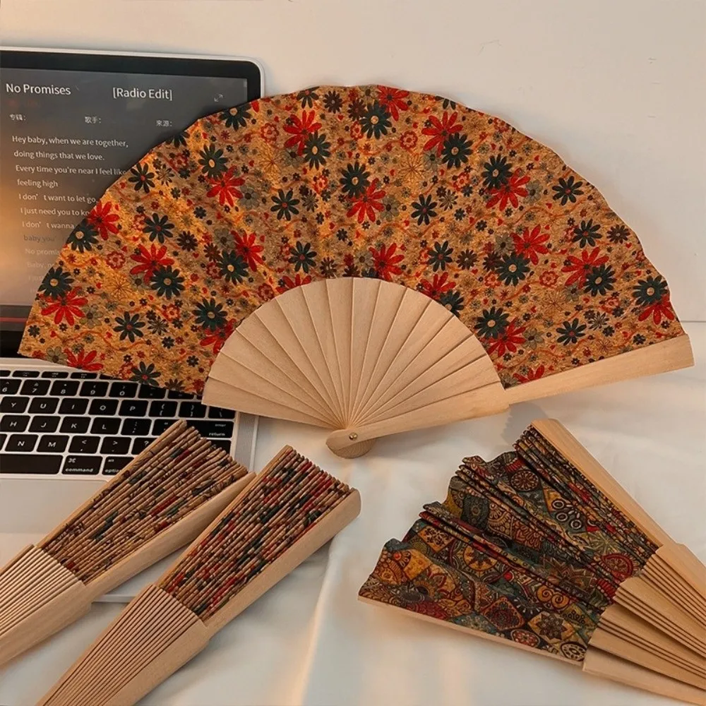 Vintage Bohemian Style Cork Folding Fan Props Graft Gift Hand Held Fan Home Decor Wooden Folding Fan