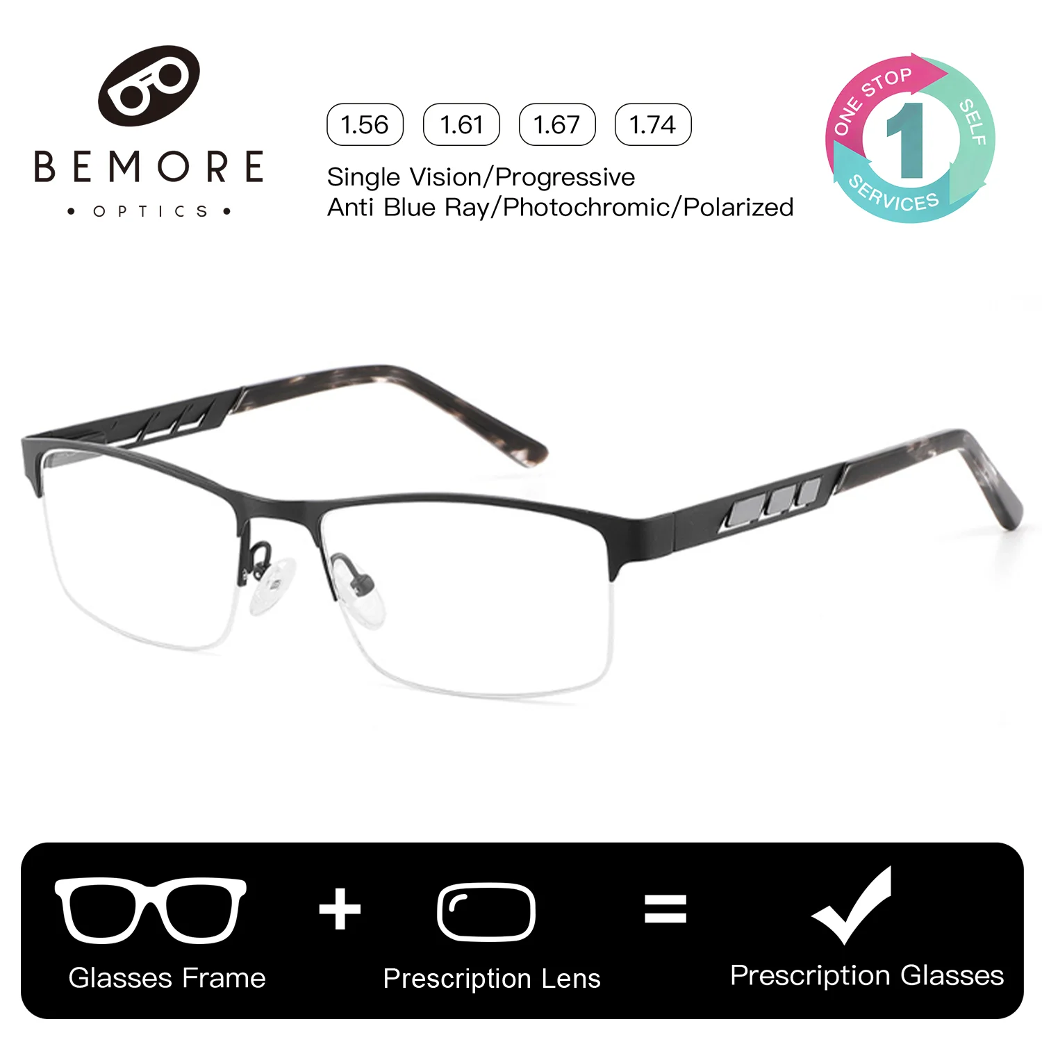 BEMORE Half-Frame Rectangle Prescription Eyewear Anti Blue Light Metal Progressive Myopia Optical Men's Reading Glasses