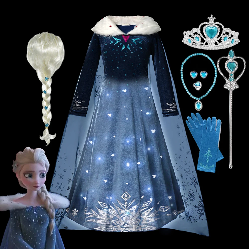 Disney 2024 Frozen Snow Queen Elsa Princess Dress LED Light Up Girls Party Vestidos Cosplay Clothing Birthday Kids Costume