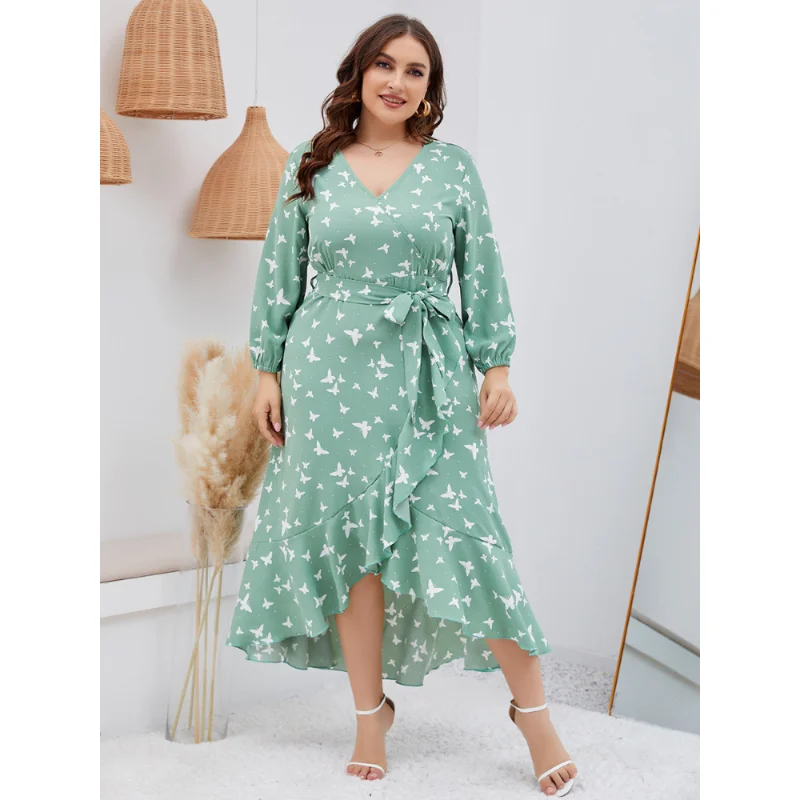 4XL 5XL Elegant Printed Lantern Plus Size Dress Women Dresses Sexy Boho Beach Casual Slim Party Ruffle Midi Dress Lady Vestidos