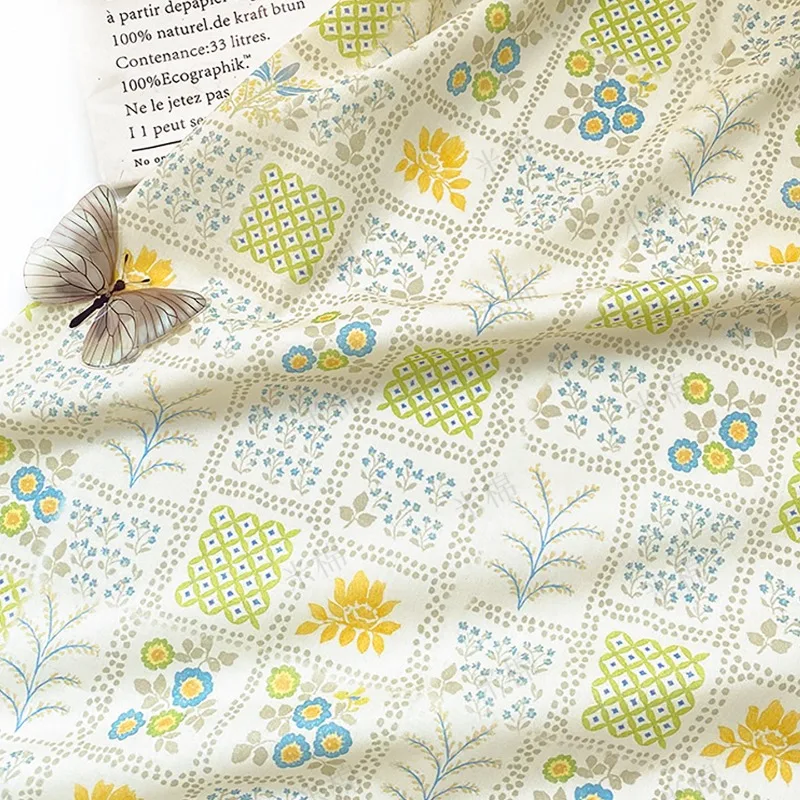 L100XW150CM 100% Cotton Printed Fabric Green Plaid Tiny Floral Soft Breathable Lightweight for Dress Shirt Skirt DIY Sewing