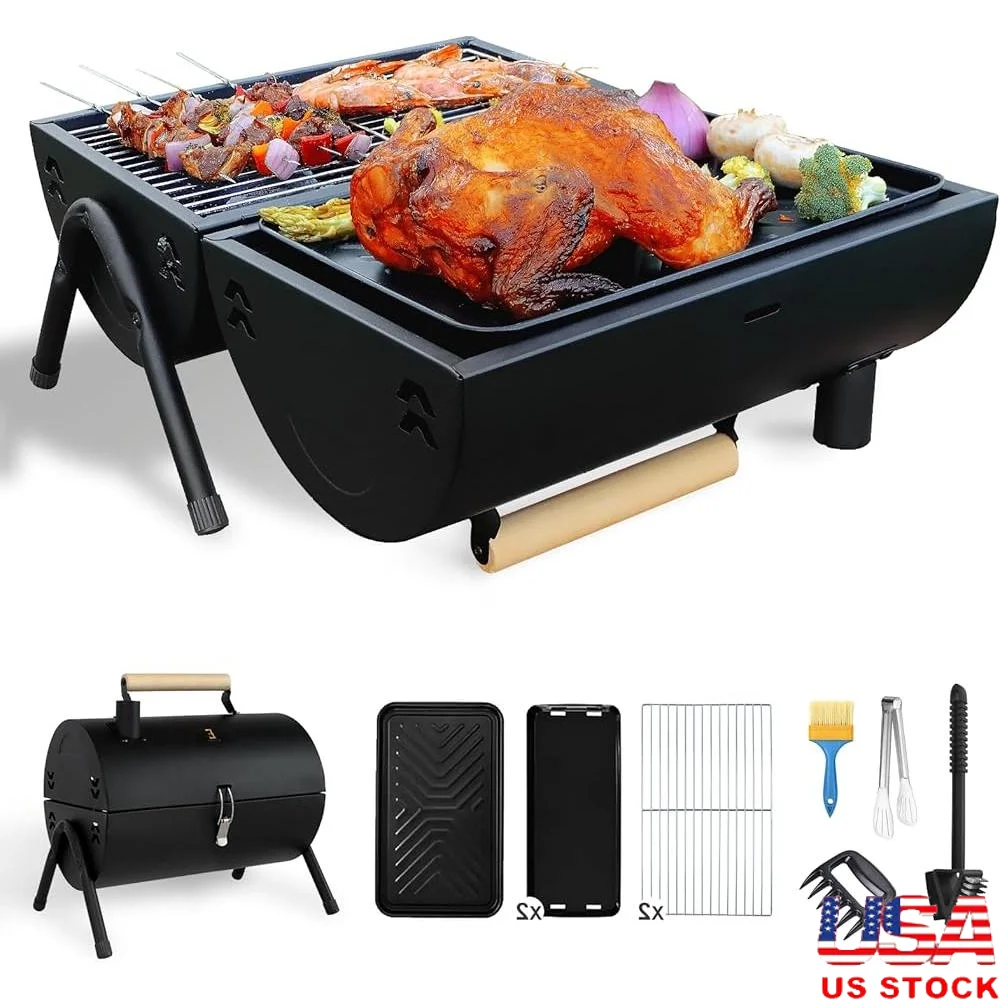 

Portable Charcoal Grill Set Folding Barbecue Grill with Double Sided Pan and 6PCS Tools Outdoor Camping BBQ Cooking