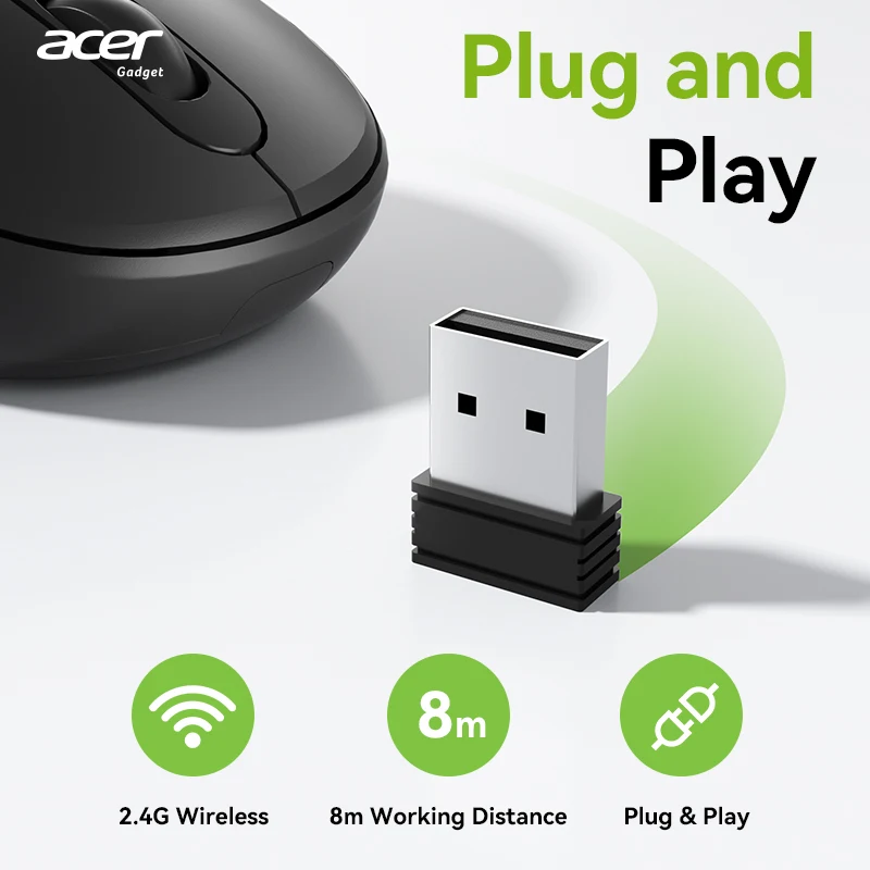 Acer OMR282 2.4G Wireless Mouse, Silent Click 40dB Ergonomic Optical Mouse, 70g Lightweight, 8m Range, USB Receiver Stored