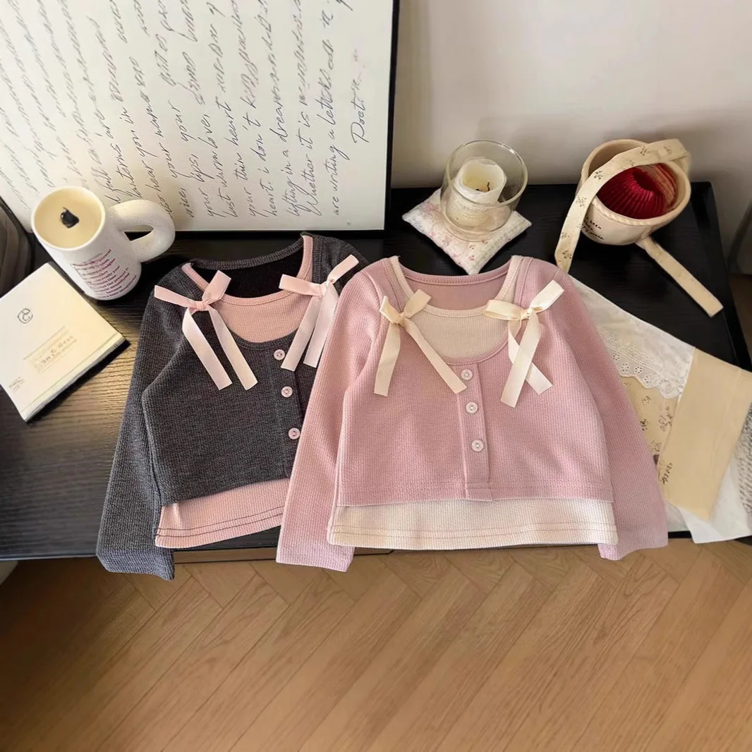 Autumn Girls Long Sleeved Tops 3-8 Years Old Sweet And Versatile Fake Two T-shirts Children Fashionable Pullover