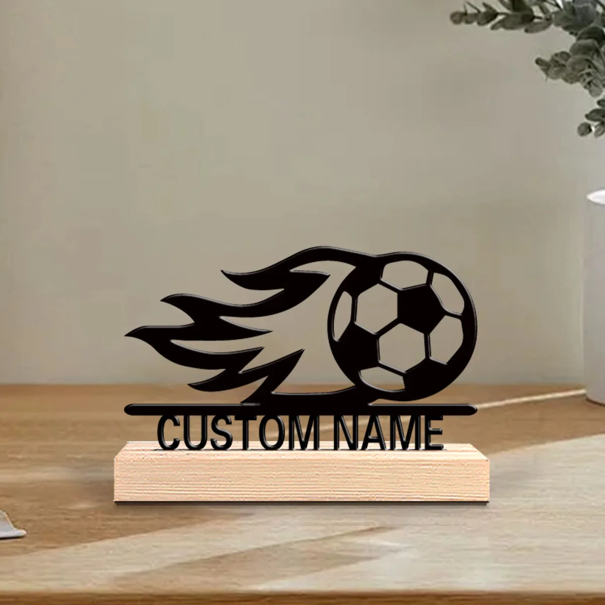 1pc Abstract Flame Soccer Tin Statue Customized Name Art Crafts With Wood Base Iron Statue With Wood Base Bedroom Table