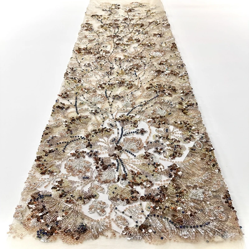 Luxury African Heavy Beaded Lace Fabric 2026 High-Quality Nigerian Tulle Sequined Lace Fabric Bridal Gown Haute Couture Fabric 6