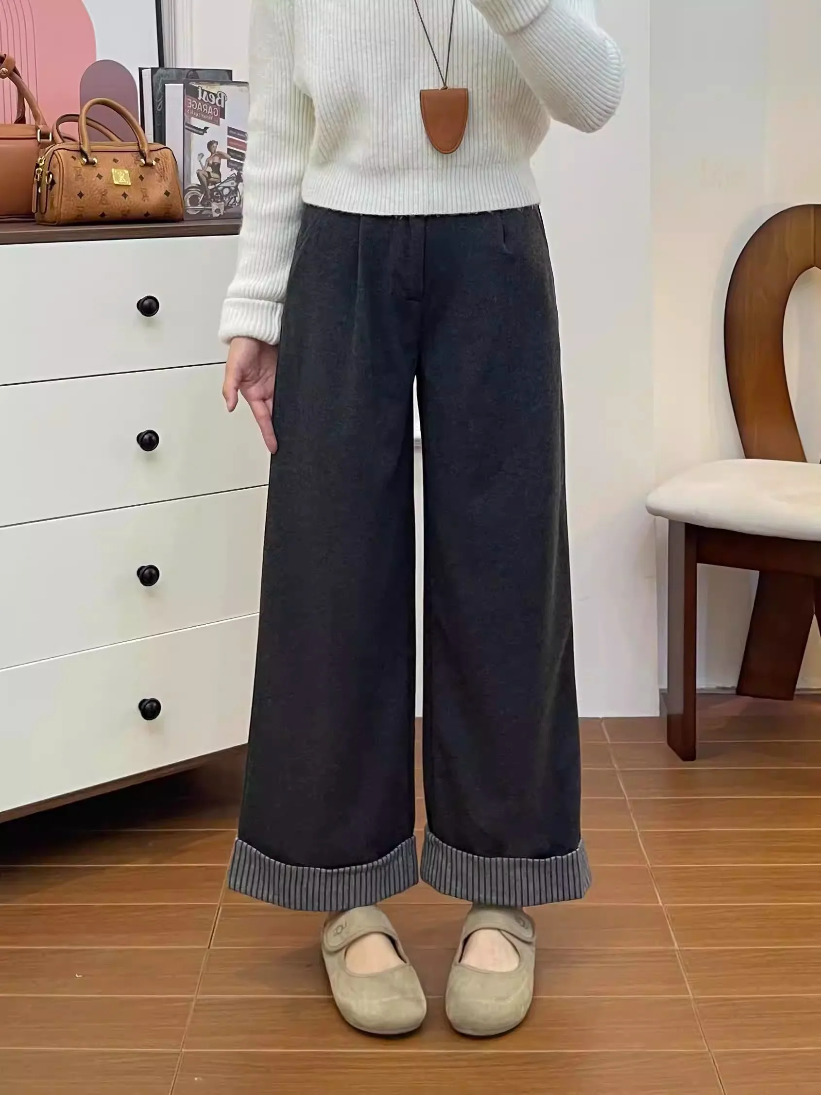 plus Size Tweed Casual Pants Women Spring Autumn 2026 New Pear Shape Loose Slimming Cuffed Wide Leg Long Trousers