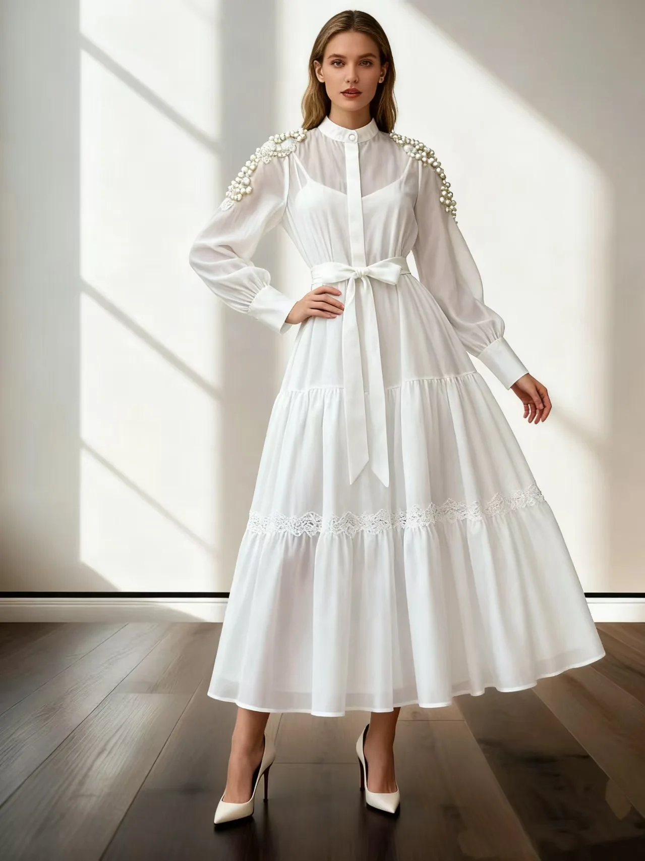 

2026 Spring Summer Beaded Lace Patchwork Dress for Women Stand Collar Long Sleeve High Waist Belt Casual Vestidos Pleated Y2k