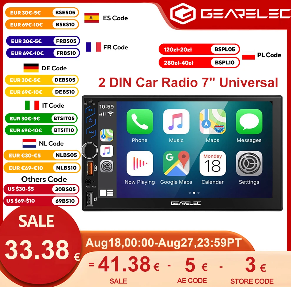 Autoradio da 7 pollici 2 Din Android 13 Carplay Android Auto Lettore multimediale per auto universale Autoradio HD Touch Screen FM Bluetooth