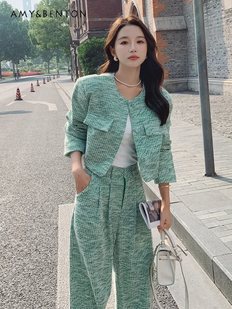 

Fashion Elegant Socialite Tweed Suit Women Spring Autumn New Casual Elegant Single-Breasted Jacket Wide-Leg Pants Two-Piece Set