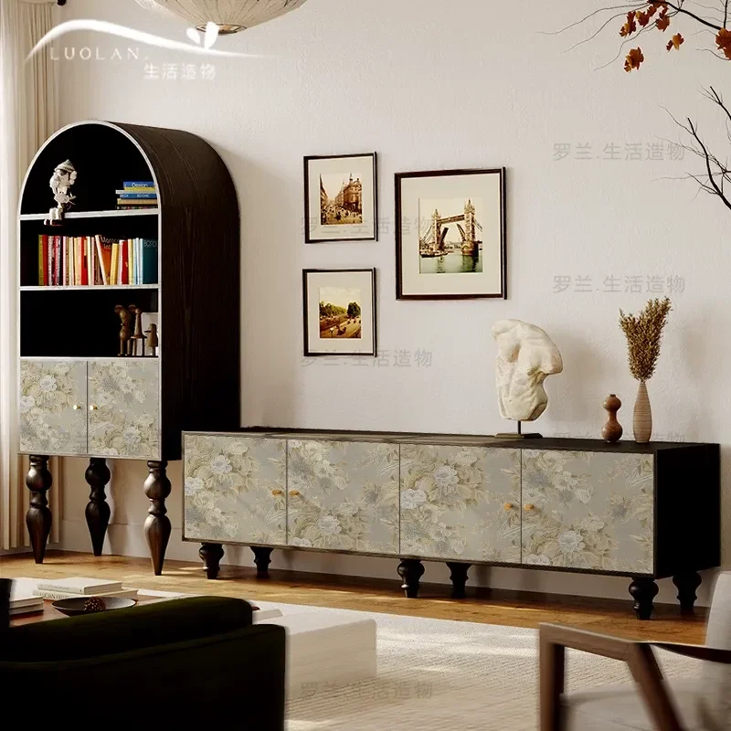 Cream Retro Flower TV Cabinet Solid Wood Bedroom Bedside Storage Decorative Cabinet Living Room Integrated Locker