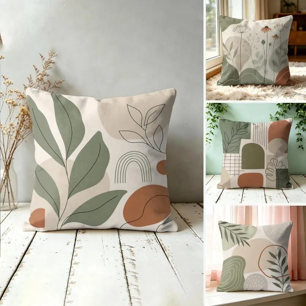 Boho Green Abstract Pillow Case Double-Sided Plush Sofa Cushion Covers Organic Breathable Invisible Zipper