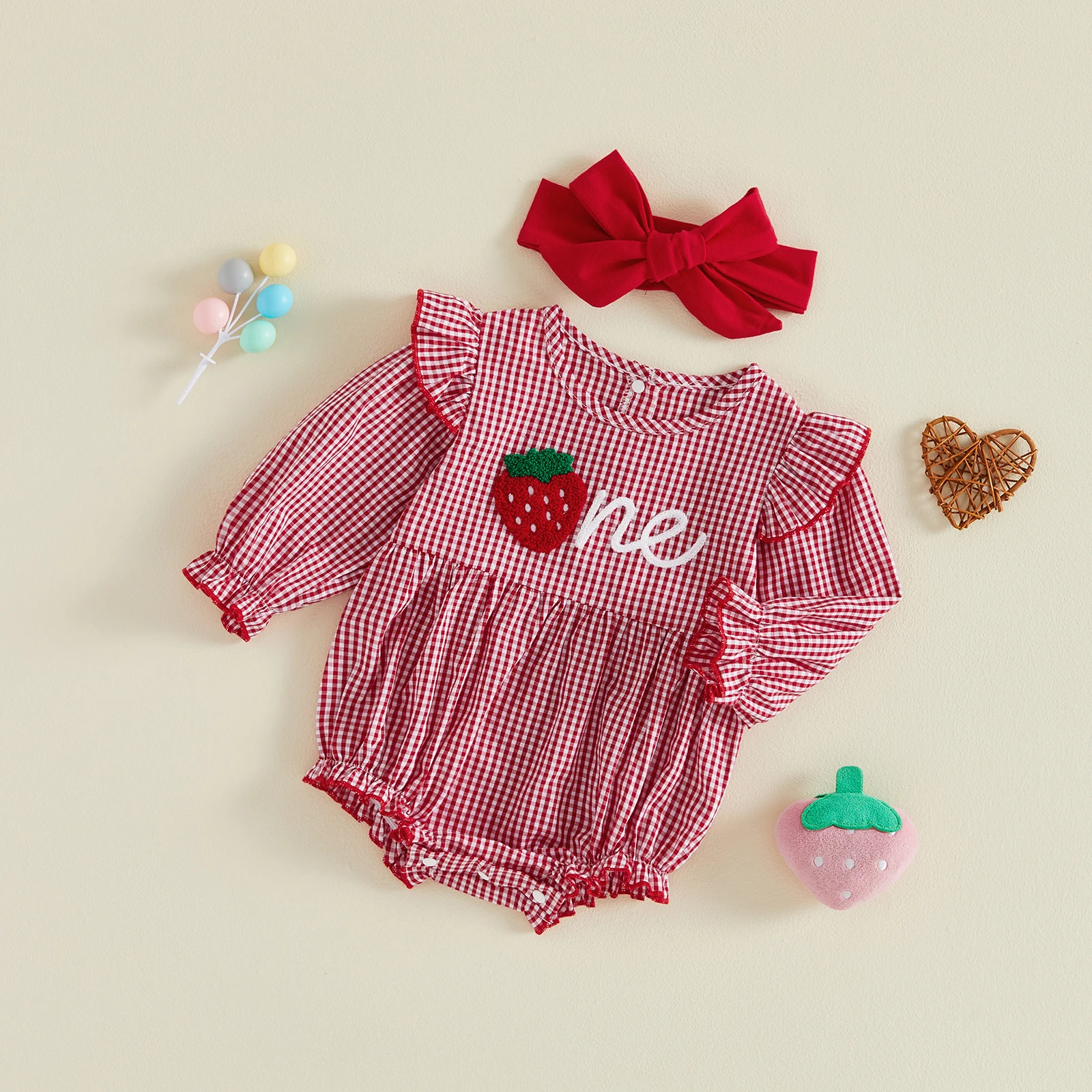 Baby Girl Birthday Outfit Long Sleeve O Neck Strawberry Embroidery Plaid Romper with Headband