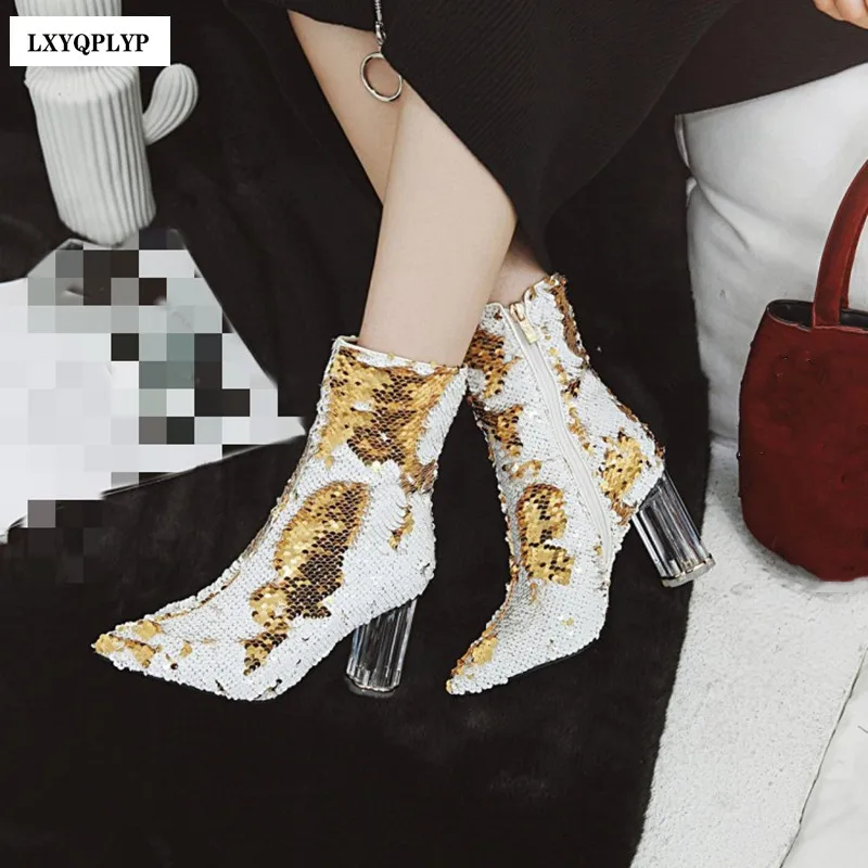 

2022 New Women's Shoes Crystal High-heeled Pointed Boots Discoloration Sequins Thick Heel Banquet Host Model Catwalk