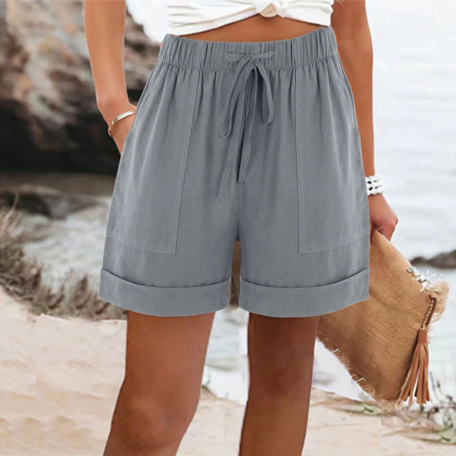 

Summer Comfy Shorts Ladies 2023 Solid Elastic Drawstring Casual Shorts High Waist Loose Shorts For Girls With Pockets pantalones