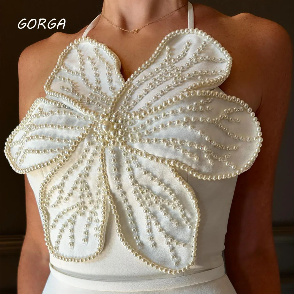 GORGA Ivory Beading Flowers Halter Mermaid 2024 Slim Crepe Sleeveless Ocassion Gown Floor-Length Evening Dress فستان سهرة نسائي