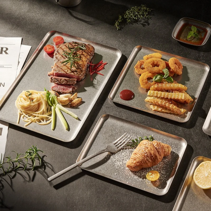 Retro Rectangle Plate 304 Stainless Steel Industrial Vintage Coffee Tray Steak Pasta Dessert Flat Bottom Tableware Serving Dish