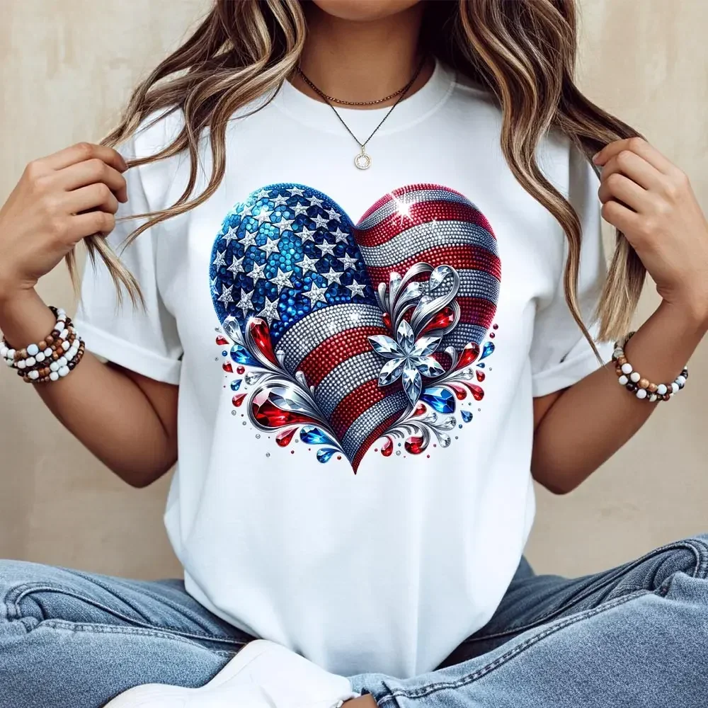Women's American-Themed Stars and Stripes Flag Heart Graphic Cotton T-Shirt - Crew Neck, Short Sleeve, Regular Fit, Casual Graphic Tshirt, Machine Washable, Made in USA, Summer Top,sohochic