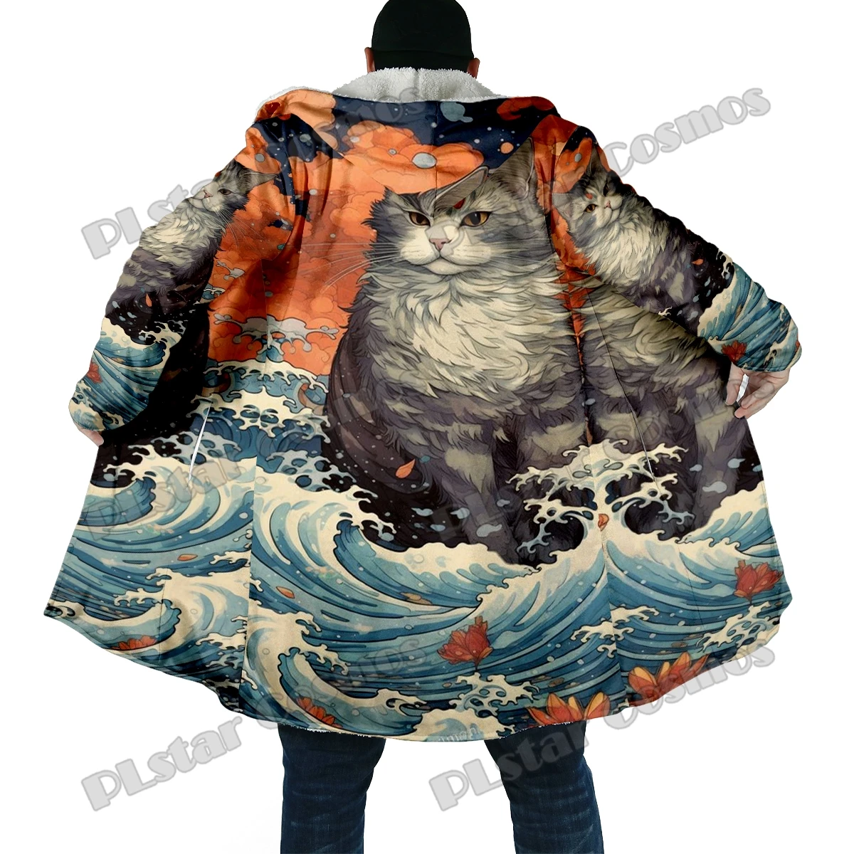 Capa con capucha de vellón grueso Unisex estampado 3D gato invierno - imagen 3