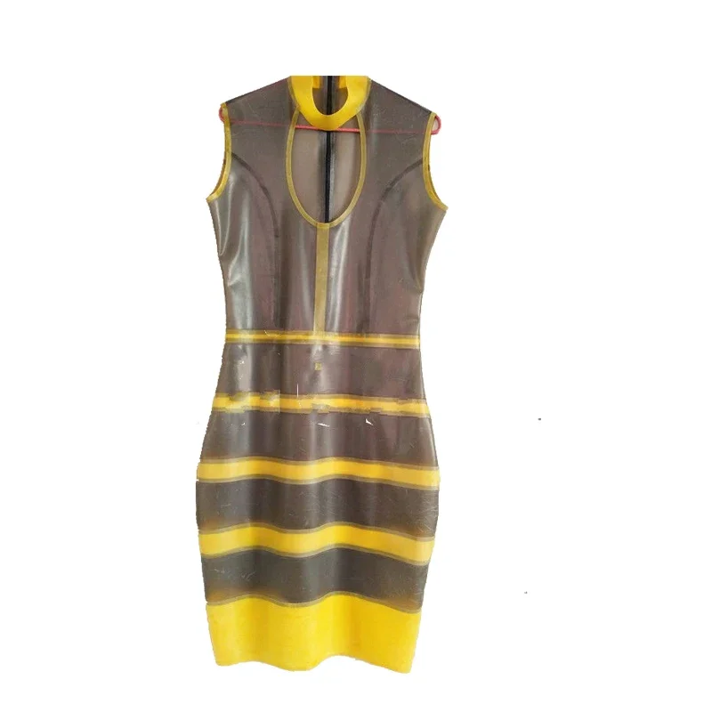 

Latex Rubber Women Transparent Black and Yellow Skirt Fashion Dress Easy to wear Size XS-XXL