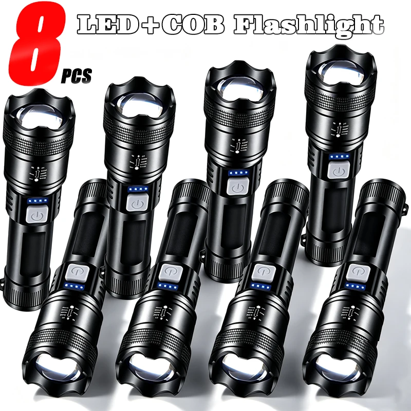 1-8PCS High Strong Power Led Flashlights Tactical Torch with Display Light USB Charging Camping Fishing Emergency Zoom Lantern