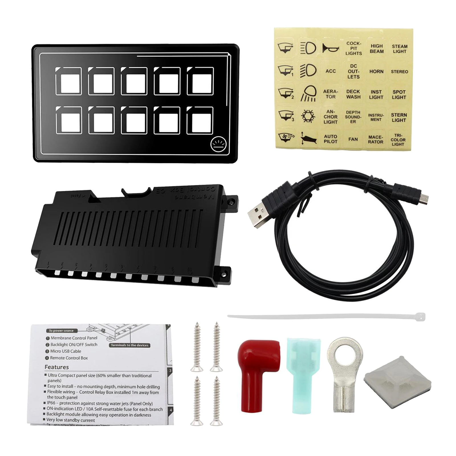 Boat Rocker Switch Panel 10 Gang with LED Indicator for Marine Vehicle Dashboard Control