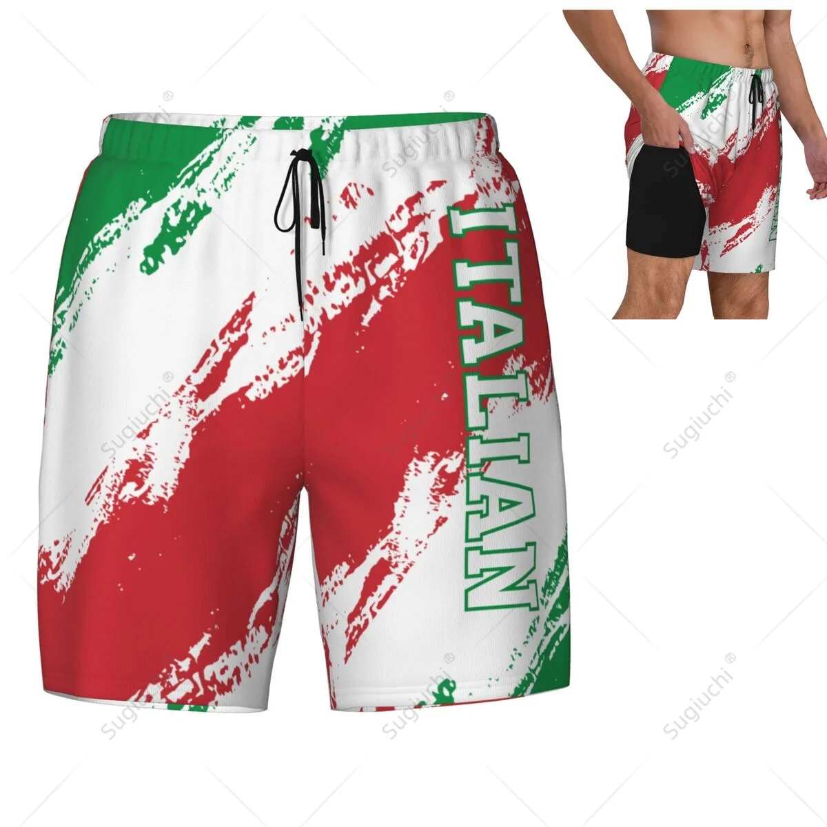 Italy Flag 3D Mens Swimming Beach Surfing Pants Swim Shorts Trunks Compression Liner 2 in 1 Quick-Dry