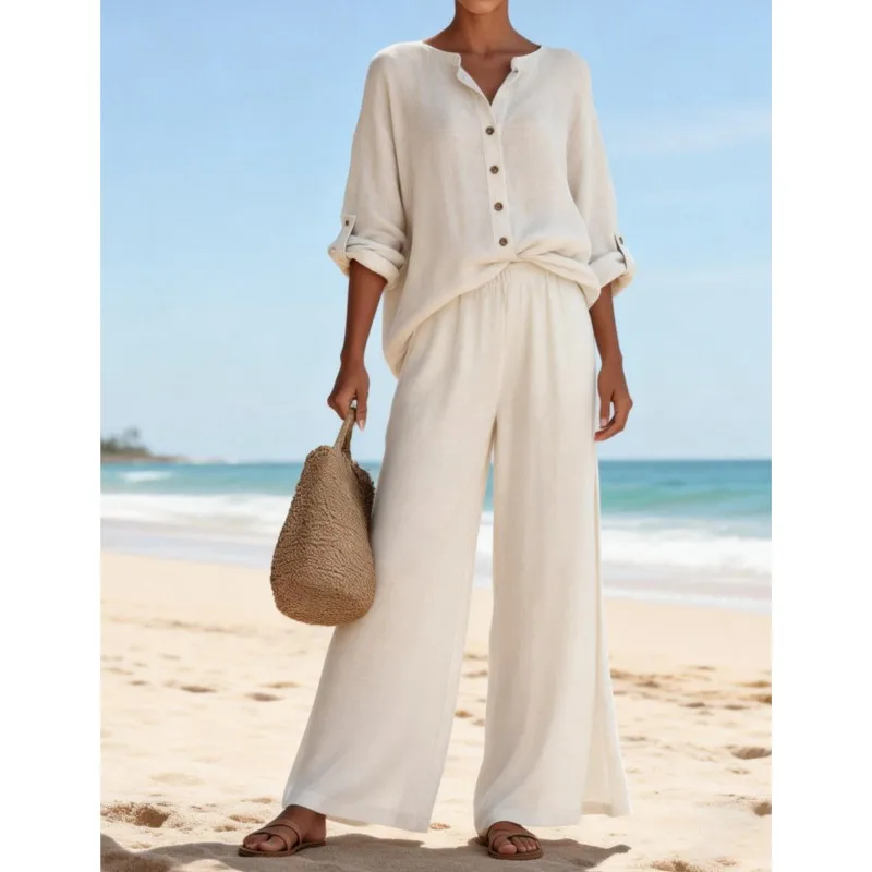 

Solid Color Single Breasted Cardigan Top+wide Leg Pants Two-piece Set Women's Fashion Round Neck Top Suit Ladies Office Outfit