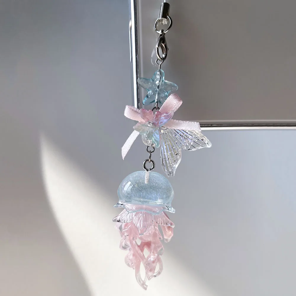 Blue Pink Jellyfish Phone Charm Starfish Mermaid Fishtail Bow Bead Fairycore Keychain Wallet Schoolbag Car Key Decor Jewelry