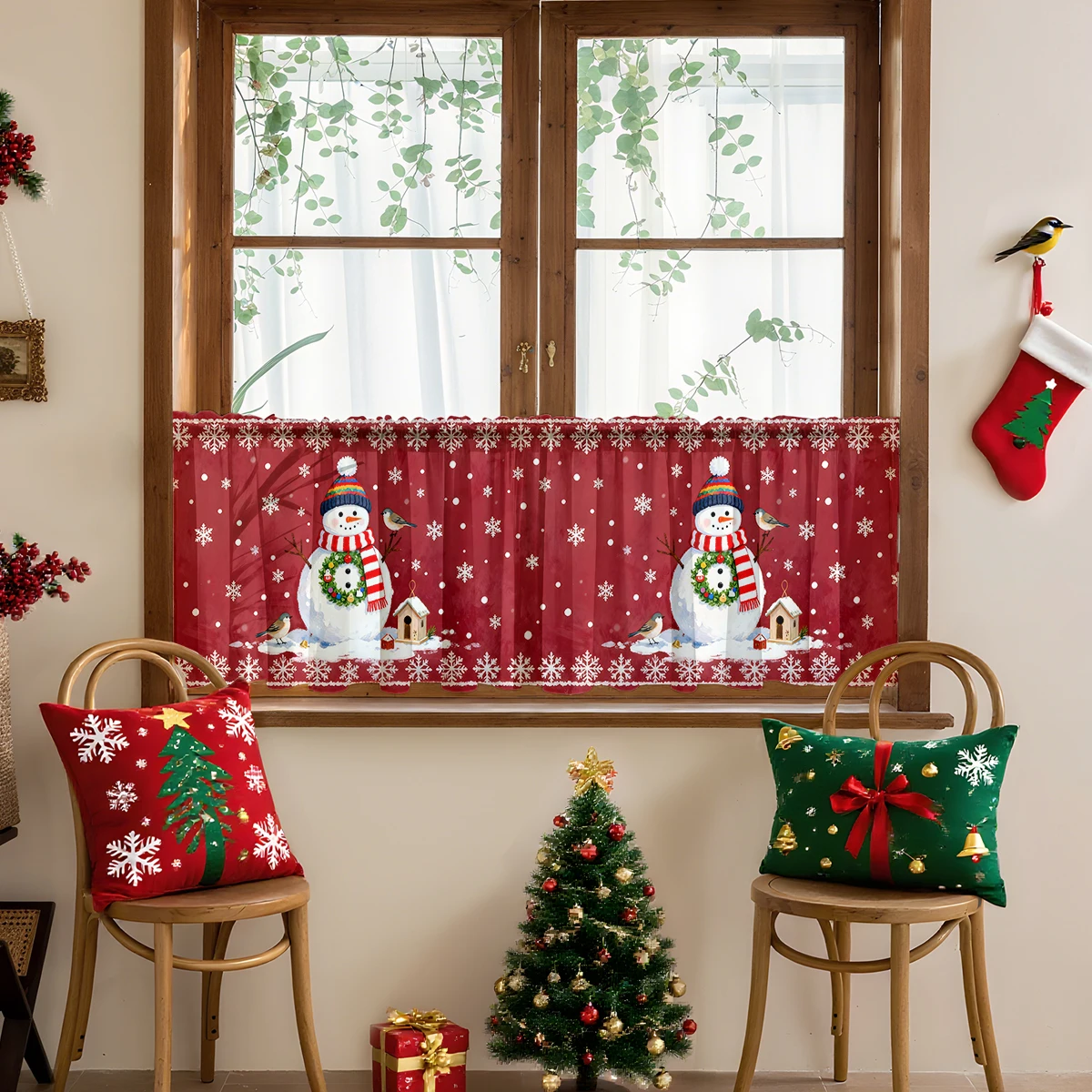 1Pc Holiday Decorative Curtain Sheer - Polyester Material, Rod Pocket Design, with Red Background Christmas Snowman and Snowflake Decoration Design, Suitable for Kitchen, Cafe, Etc. Decorative Small Curtains, Holiday Home Decoration, Christmas Ornaments