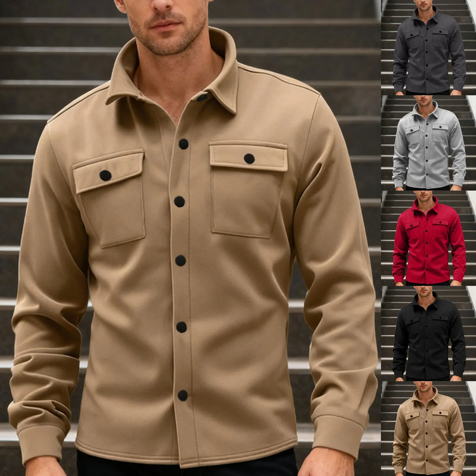 

Мужская модная однотонная куртка-рубашка, повседневная осенне-зимняя спортивная куртка с лацканами и длинными рукавами на пуговицах, мужская свободная рабочая куртка