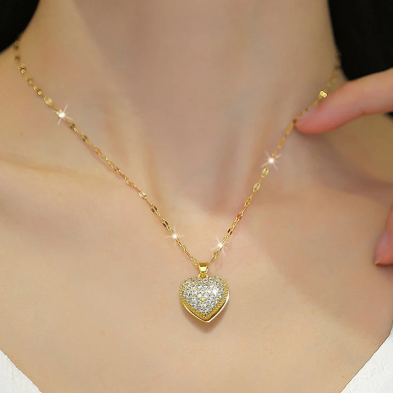 Trendy Heart Butterfly Stainless Steel Pendant Necklaces For Women Girls Mother Gold Color Metal Crystal Jewelry Party Birthday