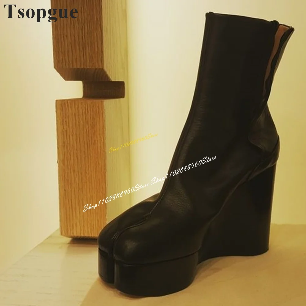 Western Mid Calf Black Handmade Leather Tabi Boots Wedges Heel Shoes For Women Split Toe 2024 Fashionable Zapatos Para Mujere