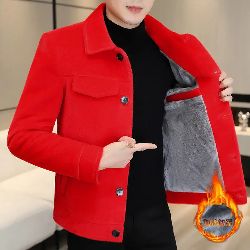 

Thiened Woolen Fce Lined Jaet for Men Autumn Winter Faion Casual Versatile Lapel Coat Youth ular Stand Fit