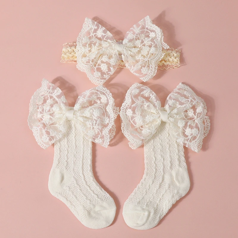 

3pcs Baby Bow Headband Socks Set Turban Solid Soft Sock Toddler Boys Girls Lace Print Bowknot Elastic Hairband