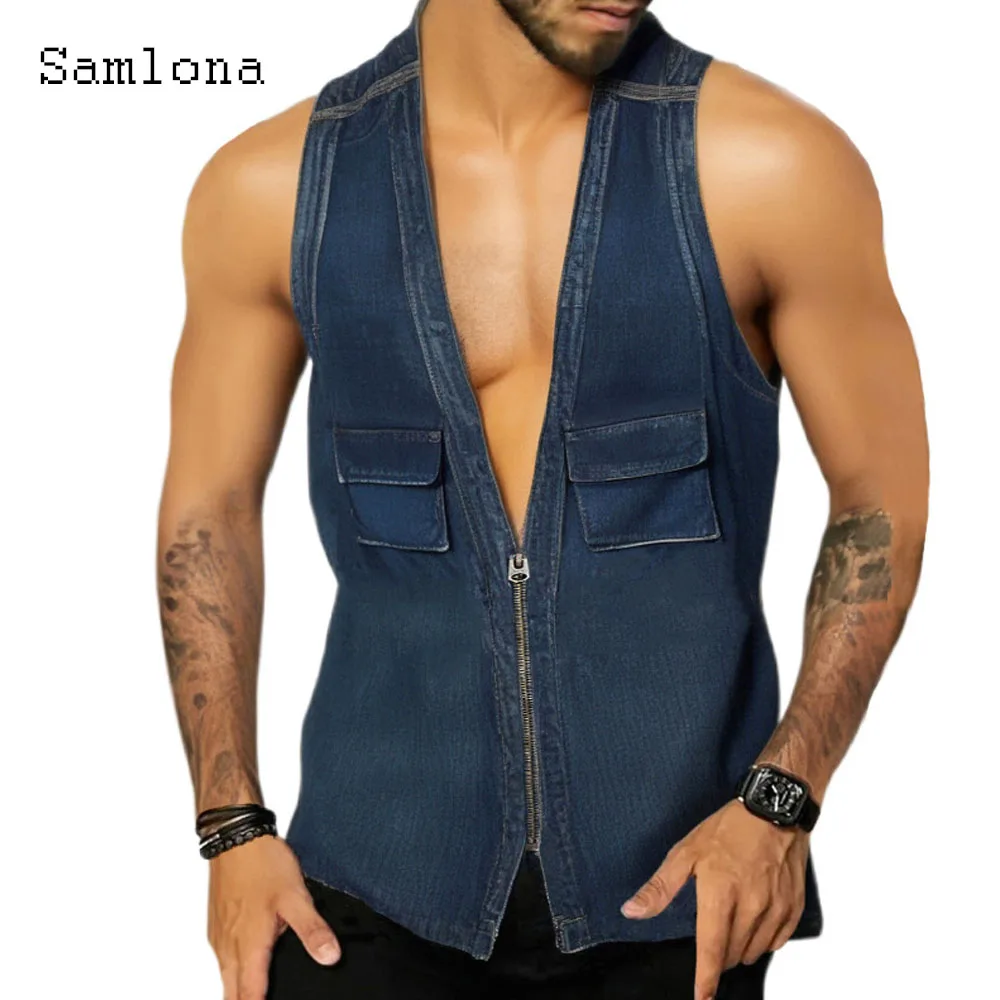 

Men's Demin Tank Tops Men Streetwear 2024 America and Europe Style Fashion Zipper Pockets Jean Vest Male Sleeveless Demin Tshirt