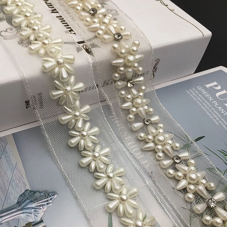 

Ivory Pearl Handmade Beaded Lace Trim with Mesh Base Embroidery Crystal Rhinestones and Bead String DIY Accessories
