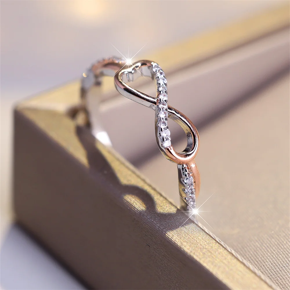 Simple Trendy 8 Shape Infinity Ring White Zircon Engagement Rings For Women Rose Gold Silver Color Wedding Band Two Tone Jewelry