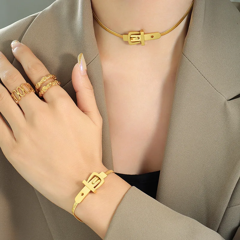 316L Stainless Steel New Fashion Fine Jewelry Punk Style Belt Buckle Shape Charm Snake Chain Choker Necklaces Bracelet For Women