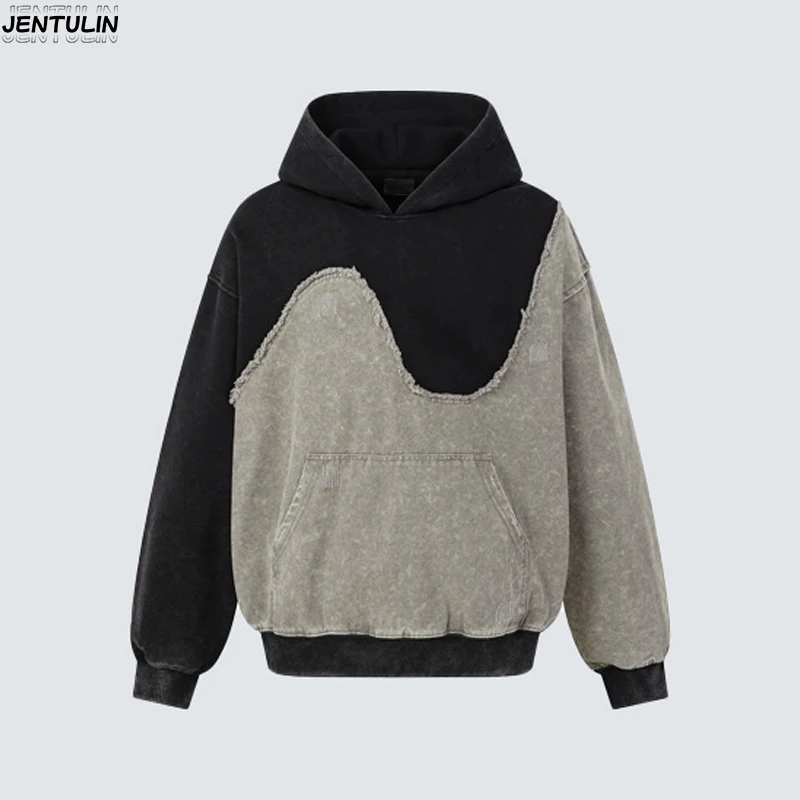 American Washed Color Blocked Patchwork Hooded Sweatshirt With Irregular Frayed Edges Loose Fitting Hoodie For Both Men Women