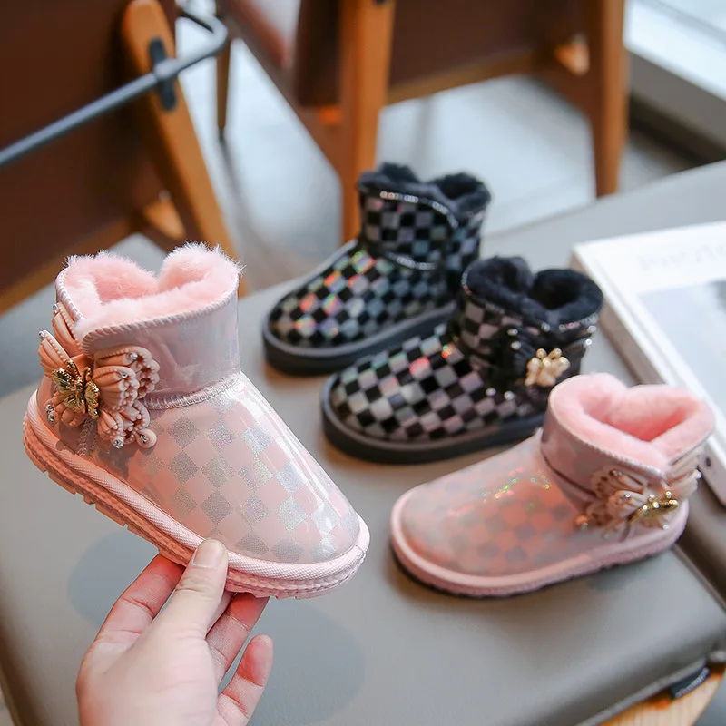 

Детская повседневная обувь, ботильоны, водонепроницаемая зимняя обувь из искусственной кожи для девочек, нескользящая теплая розовая, бежевая обувь, размер 25-36