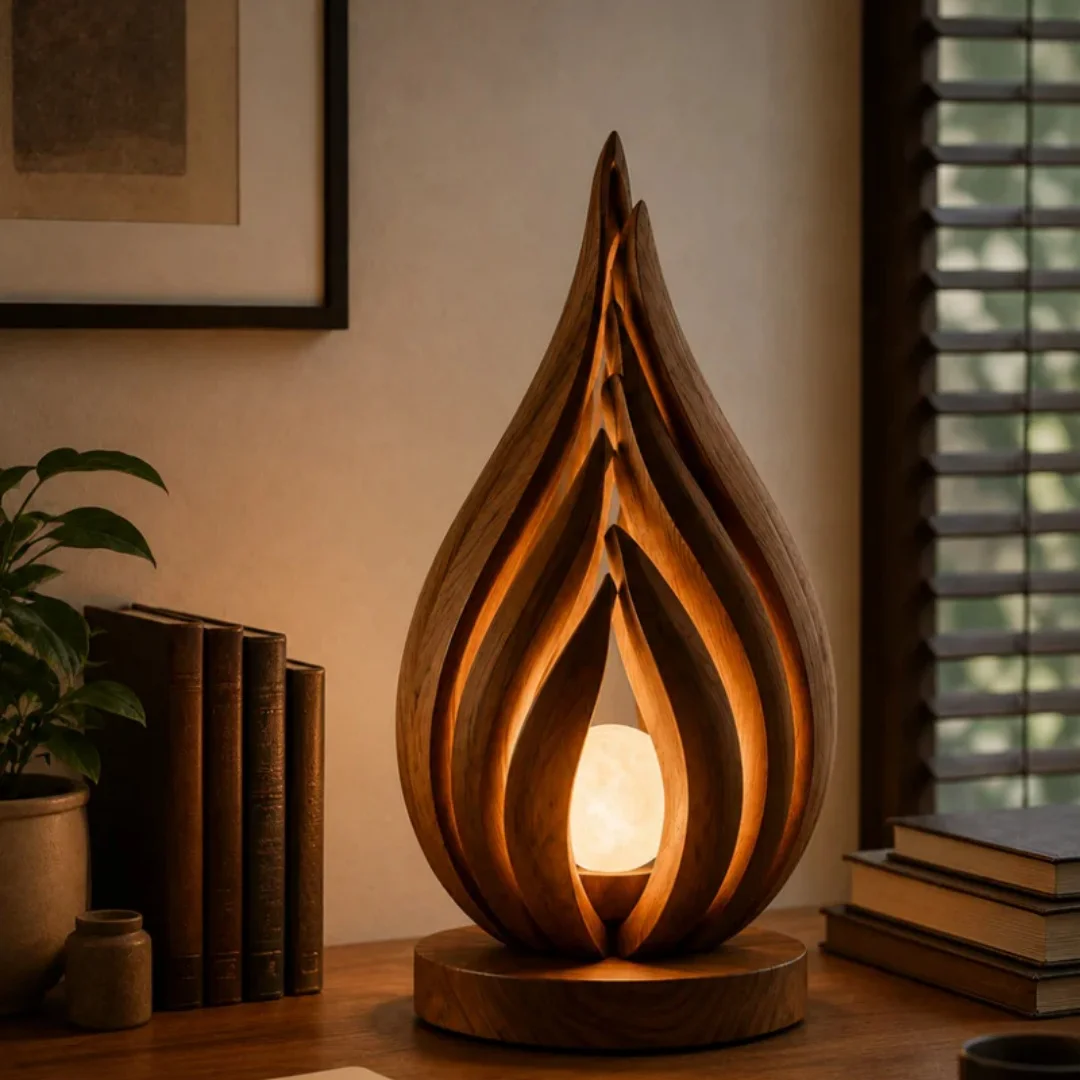 Tear-drop-shaped Flame-themed Walnut Wood Engraved Wall-Mounted Mirror-surfaced Spherical Warm Light Artistic Handicraft