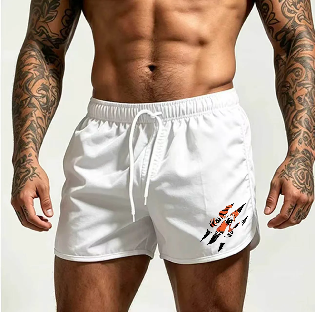 Claw Mark Tiger Head Men's Quick-Dry Swim Shorts Summer Beach Shorts Stretch Drawstring Waist Sports Running Fitness Swim Trunks