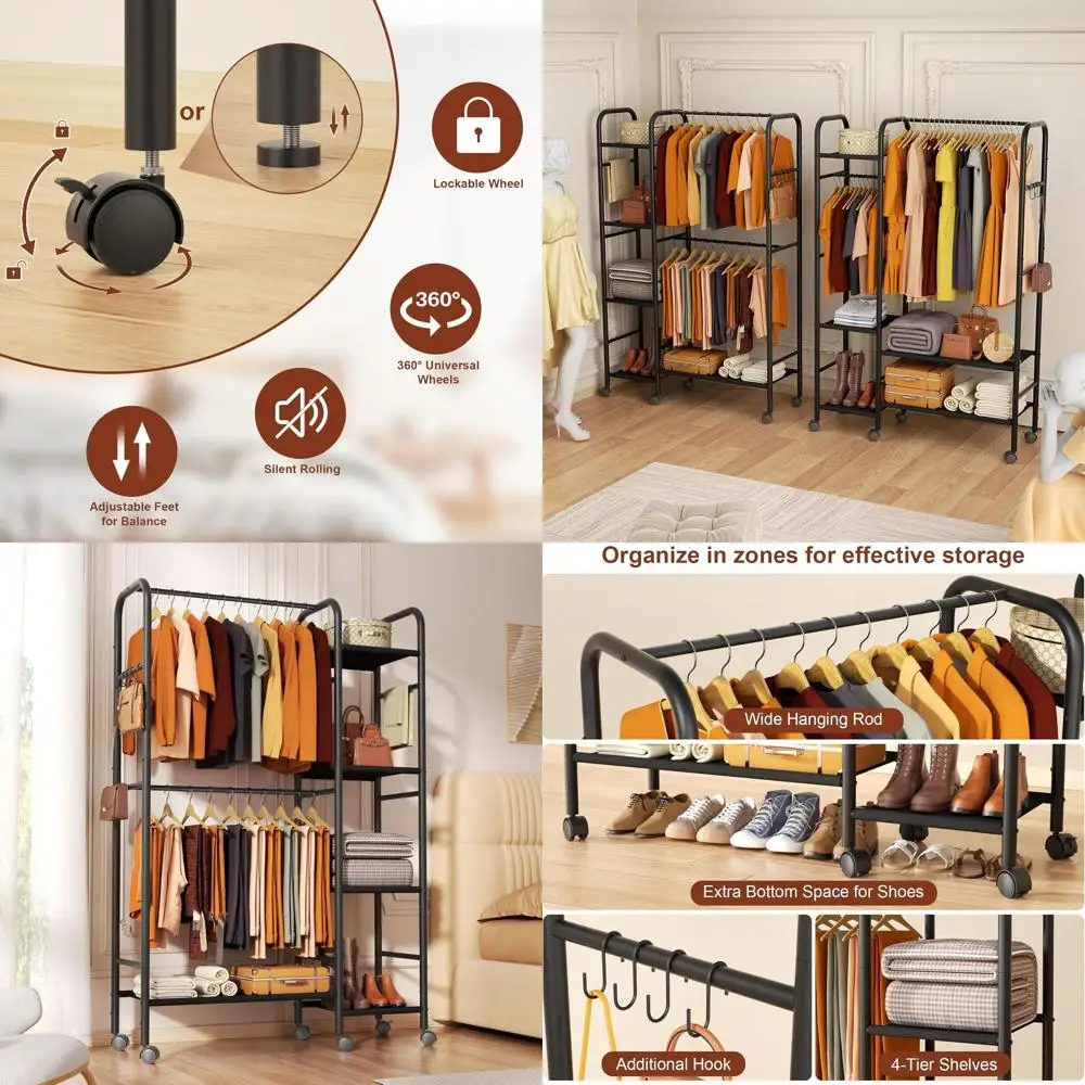 

Durable 4-Tier Metal Clothing Rack with Hanging and Storage, 45x16x69