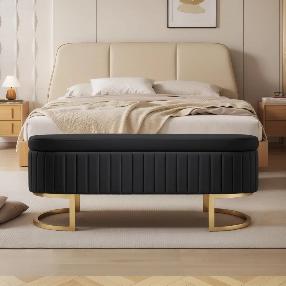 

50" Velvet Storage Bench, Ottoman Bench with 300lb Seating, Upholstered Fabric End of Bed Bench with Gold Legs