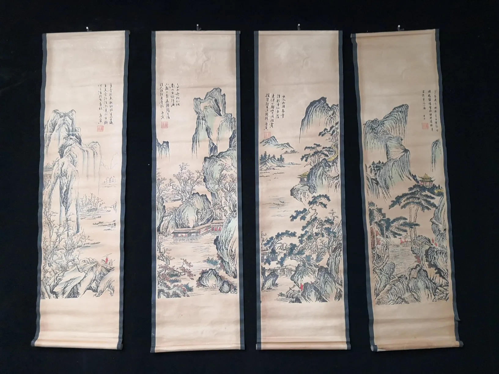 Chinese Antique-Style Landscape Four-Panel Screen Paintings Traditional Xuan Paper Decorative Art Home Decor Collectible Item