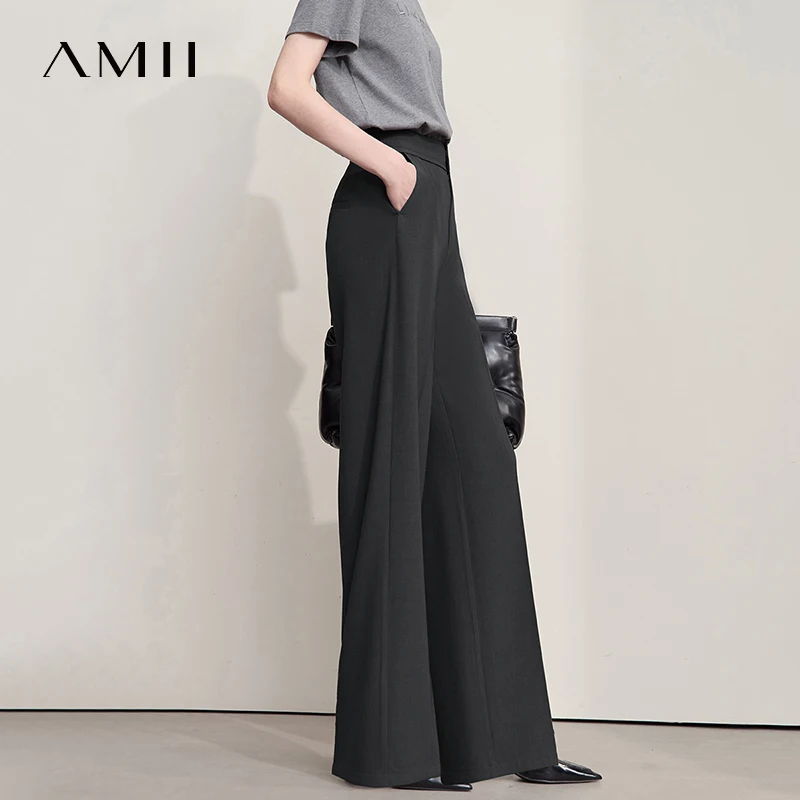 AMII Minimalist Women Casual Pants 2025 Autumn Commuting Business Luxury Black Trousers Slight Strech Wide Leg Pants 12553010