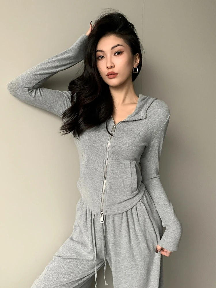 

Женский укороченный свитер Slim Fit с двойной молнией, вязаный кардиган в корейском стиле, осенний сезон, с длинными рукавами, прямого кроя