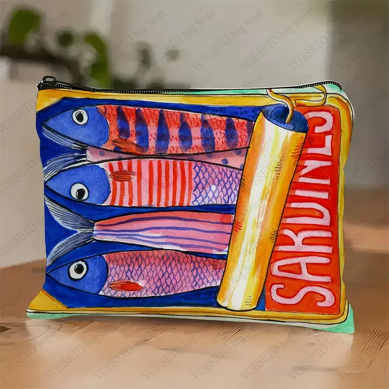 Borsa per il trucco artistica alla sardina, etichetta multilingue con peperoncino e limone, custodia per cosmetici per donna, arte alimentare retrò mediterranea